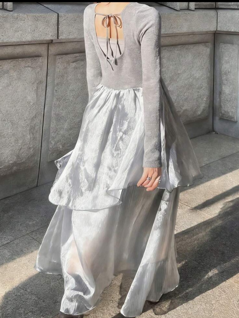 Women's Mixed Material Splice Hollow Back Lace-Up Hem Organza & Shiny